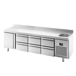 Refrigerated counter Premium PLUS - 2452x600mm - with 1 sink, 3 doors, 2 drawers & backsplash