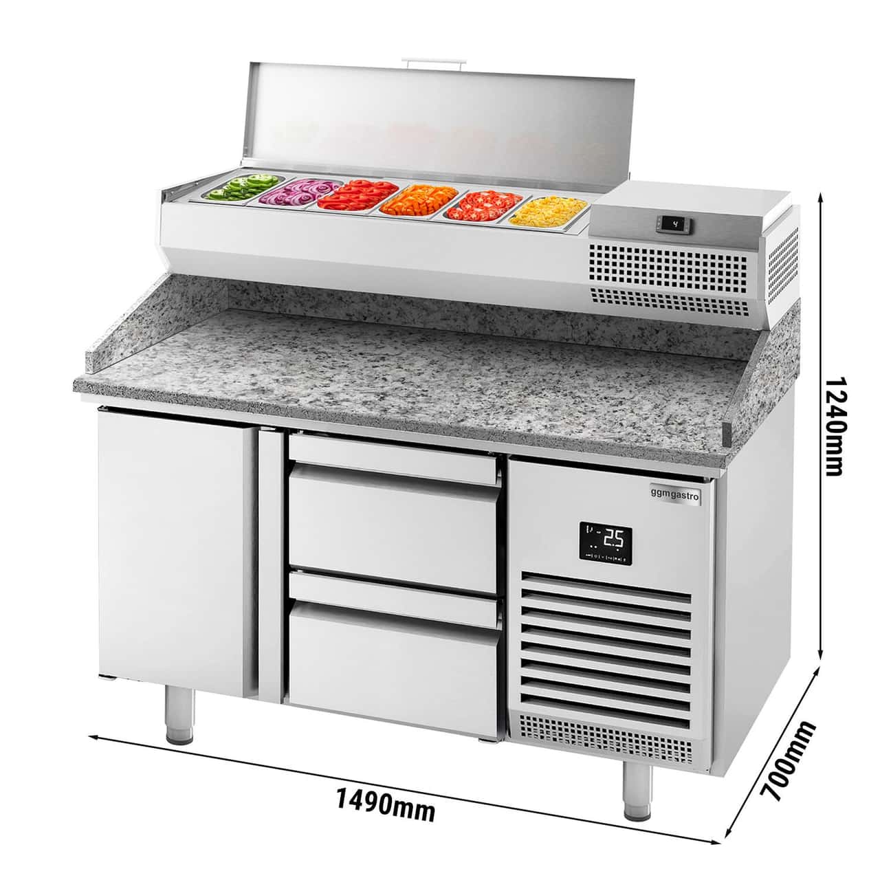 Pizza preparation table Premium PLUS - 1490x700mm - with 1 door & 2 drawers - incl. refrigerated display case - 6x GN 1/4