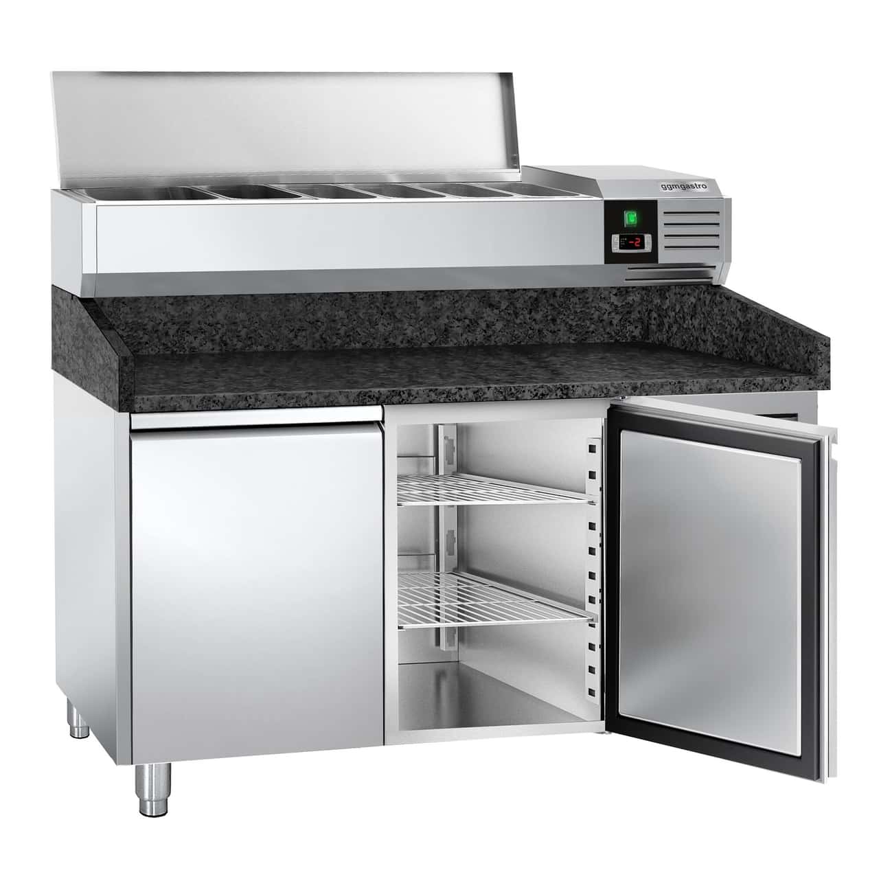 Pizzakühltisch PREMIUM - 1500x800mm - mit 2 Türen - inkl. Kühlaufsatzvitrine - 7x GN 1/4