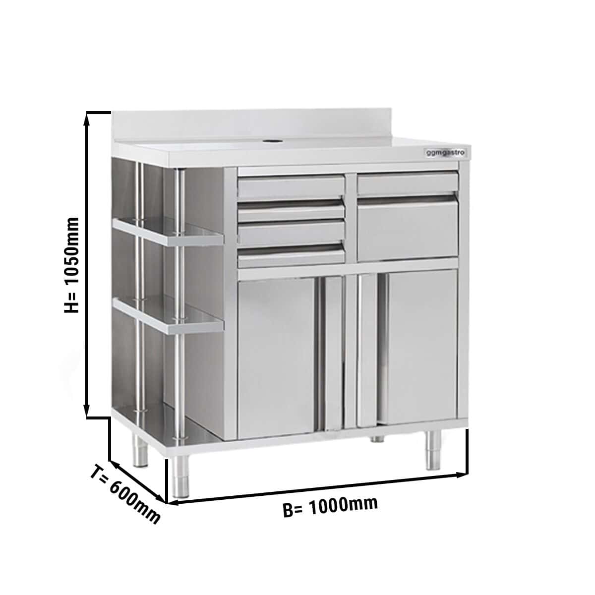 Arbeitsschrank - für Kaffeemaschine - 1000x600mm - mit Ausklopfer, 2 Schubladen, 2 Türen & Aufkantung