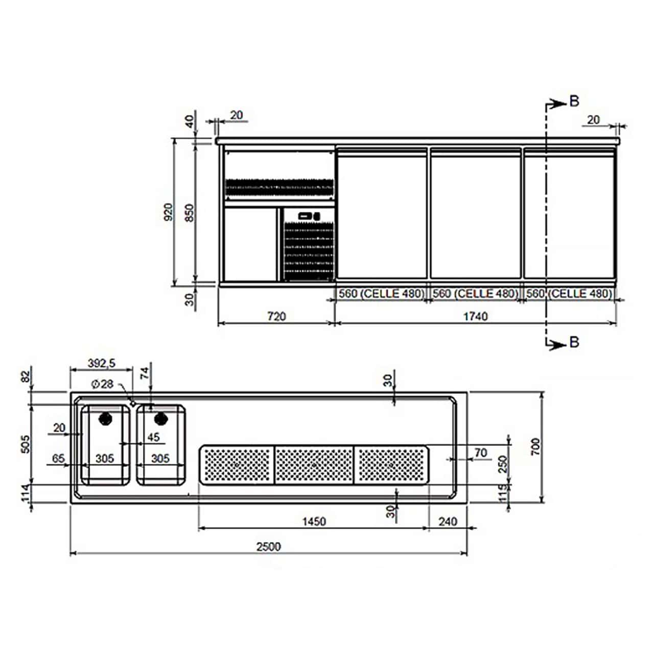 Biertheke Premium PLUS - 2500x700mm - 1 Tür & 4 Schubladen