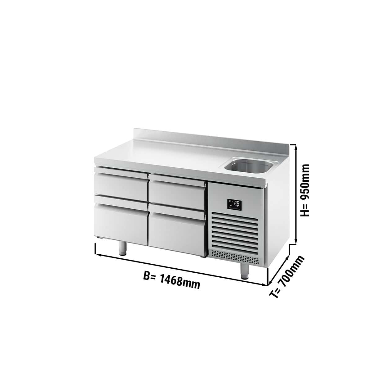 Refrigerated counter Premium PLUS- 1468x700mm - with 1 sink, 4 drawers & backsplash