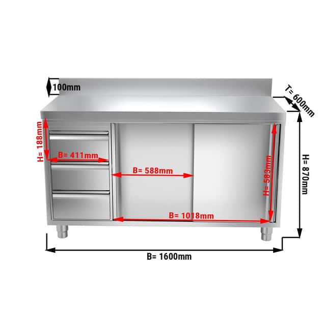 Edelstahl Arbeitsschrank PREMIUM - 1600x600mm - mit 3 Schubladen links & Aufkantung