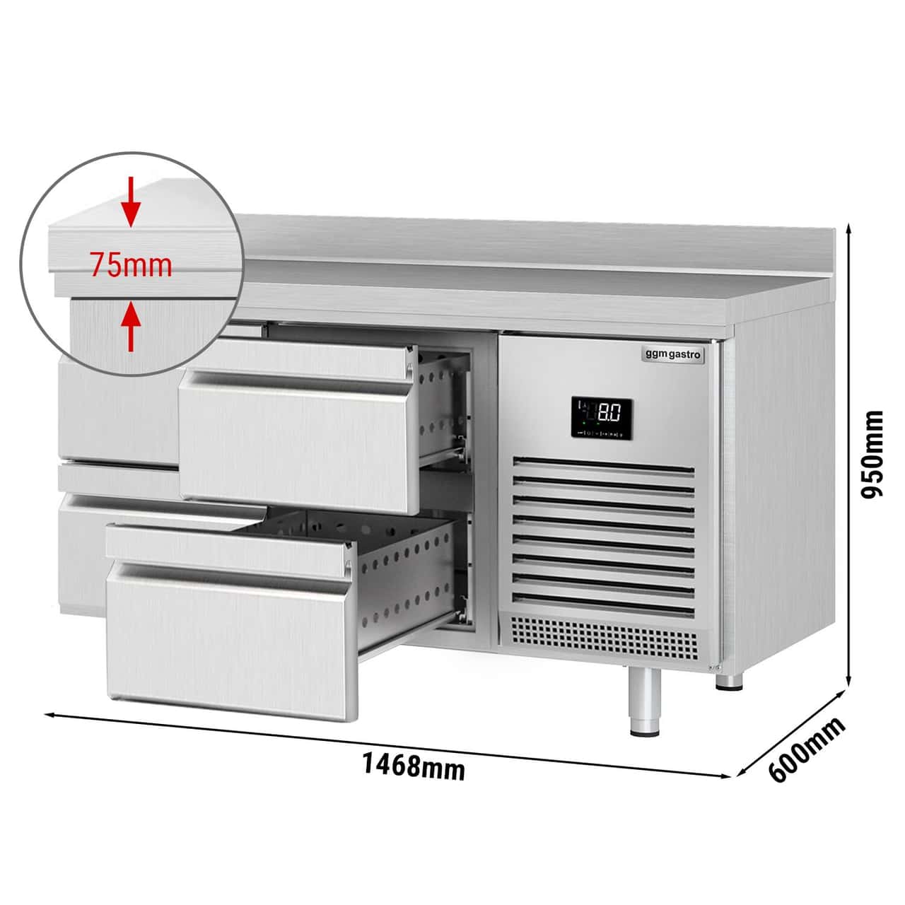 Kühltisch Premium PLUS - 1468x600mm - mit 4 Schubladen & mit Aufkantung