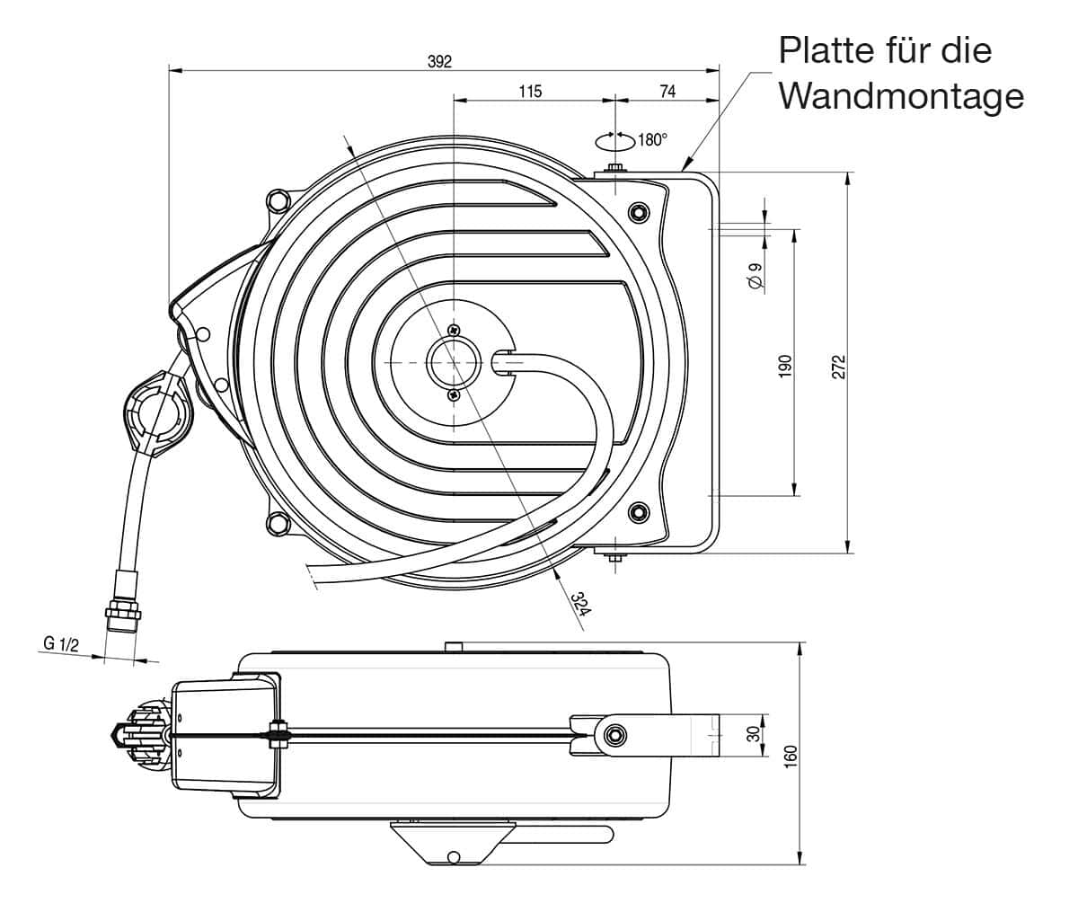 Schlauchaufroller - 15m - mit Gehäuse & Waschbrause