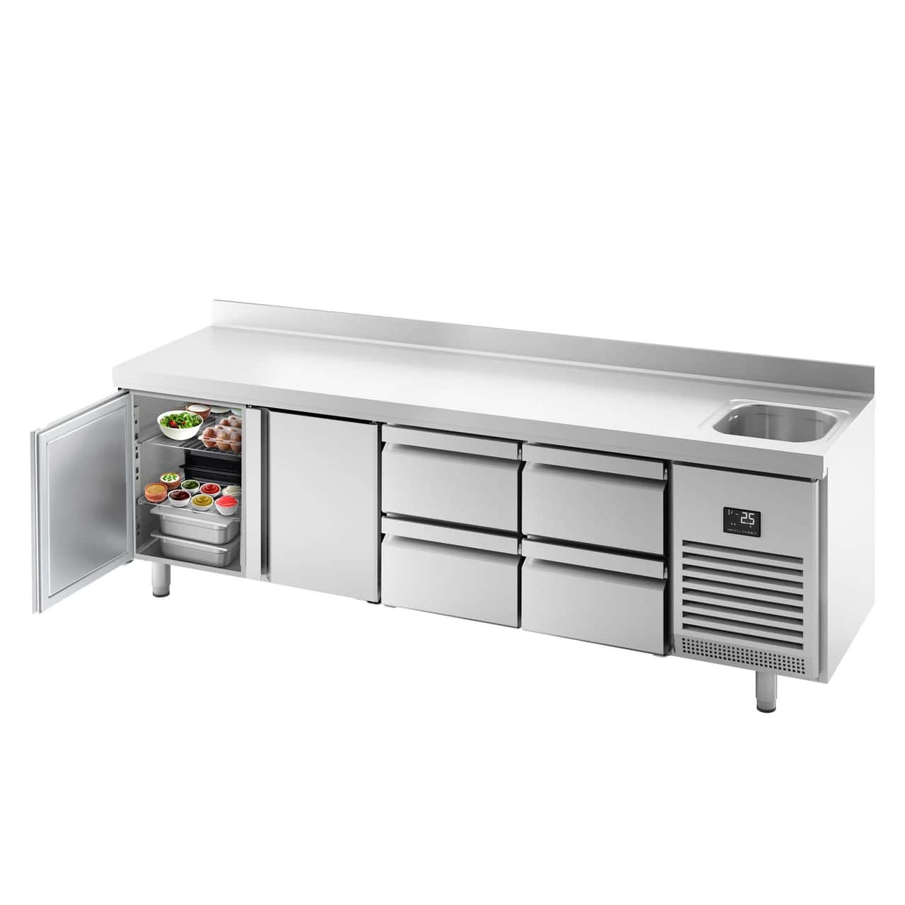 Refrigerated counter Premium PLUS- 2452x700mm - with 1 sink, 2 doors, 4 drawers & backsplash