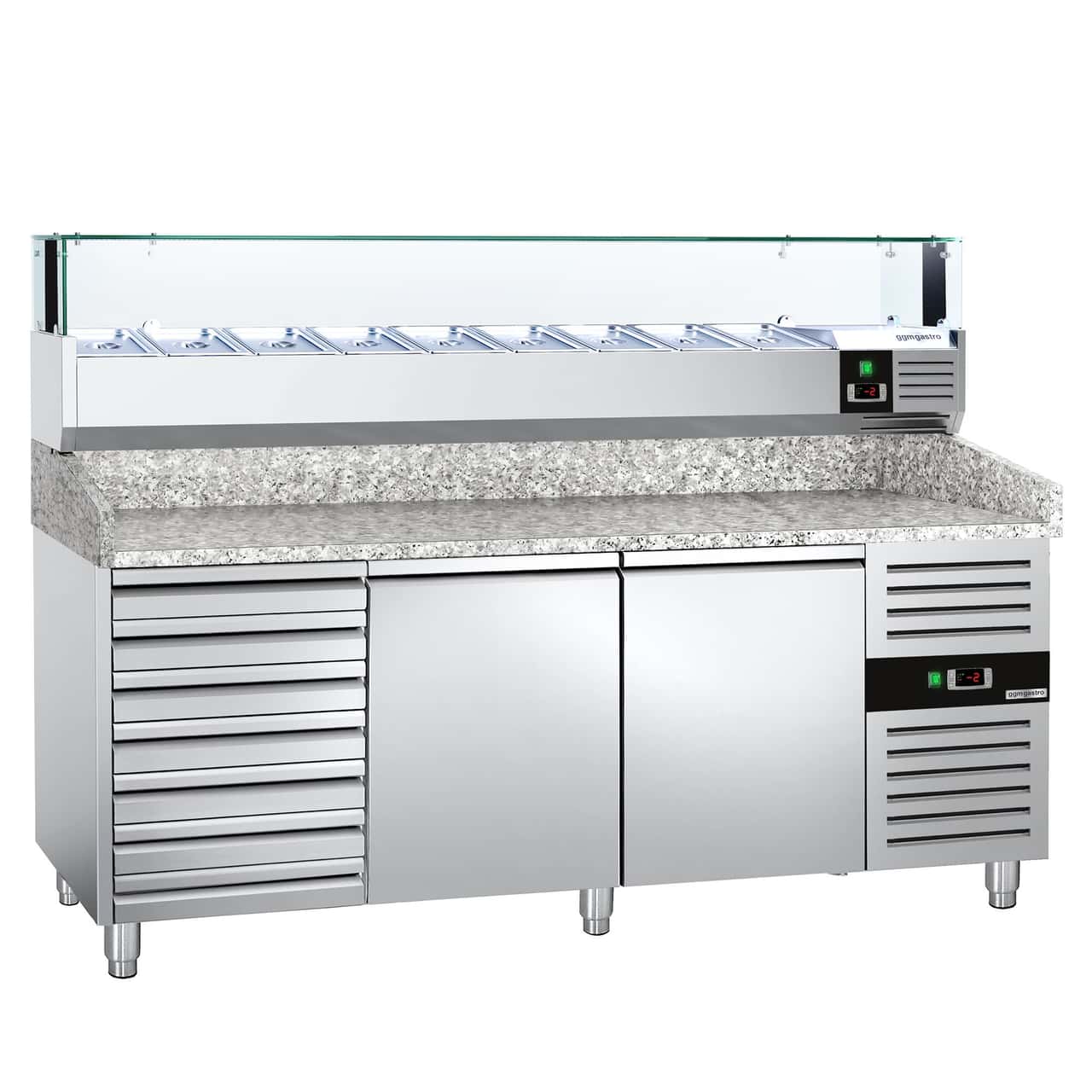 Pizzakühltisch PREMIUM - 2000x800mm - mit 2 Türen & 7 Schubladen - inkl. Kühlaufsatzvitrine LED - 9x GN 1/3