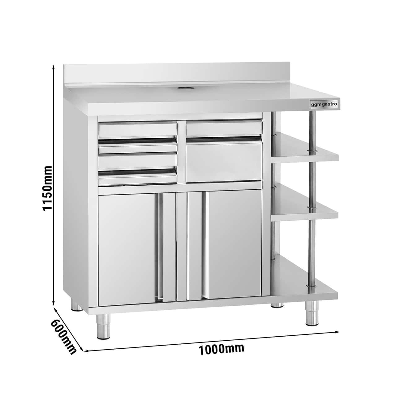 Arbeitsschrank - für Kaffeemaschine - 1000x600mm - mit Ausklopfer, 2 Schubladen, 2 Türen & Aufkantung