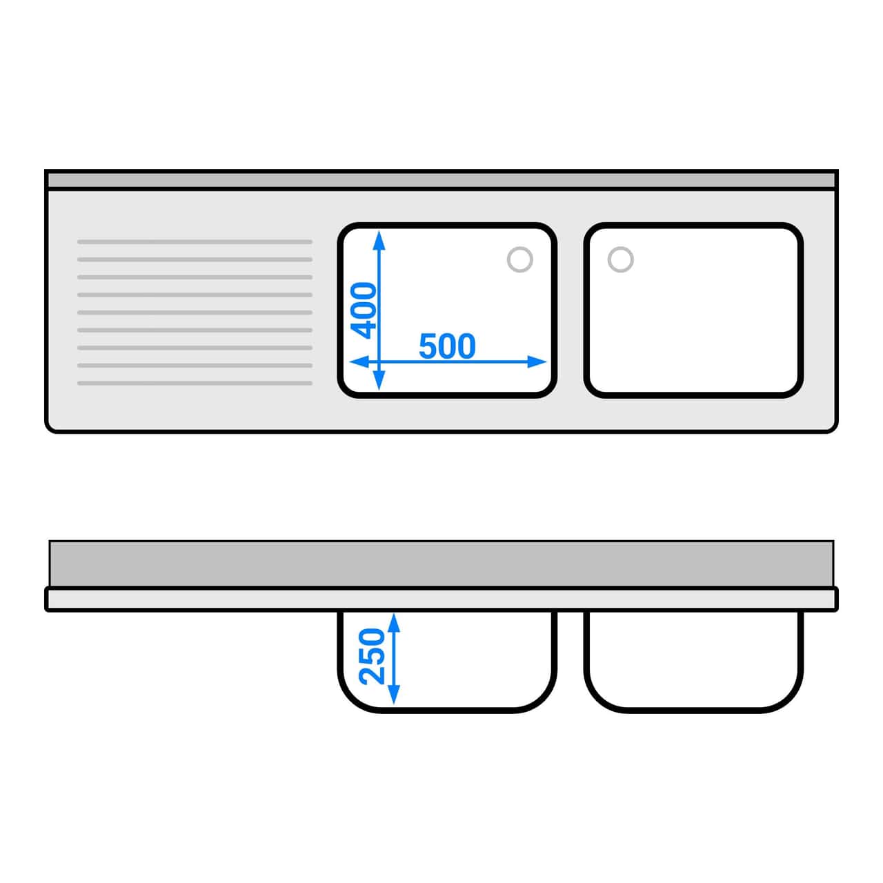 Spültisch ECO - 1800x600mm - mit Grundboden & 2 Becken rechts