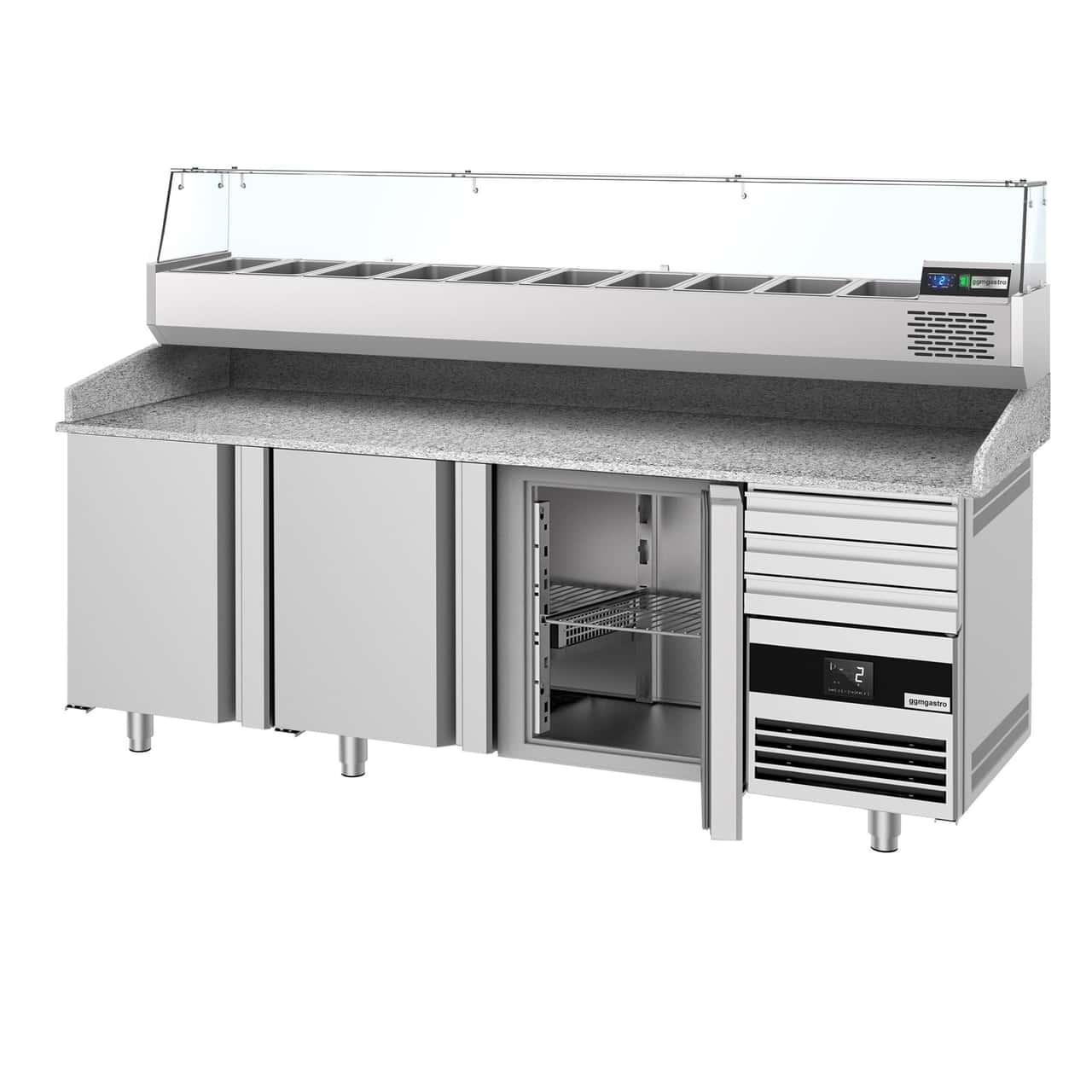 Pizzakühltisch PREMIUM - 2150x800mm - mit 3 Türen & 3 Schubladen - inkl. Kühlaufsatzvitrine - 10x GN 1/3