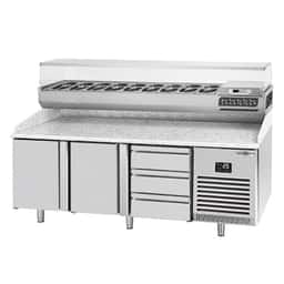 Pizza preparation table Premium PLUS - 1980x700mm - with 2 doors - incl. refrigerated display case - 9x GN 1/4