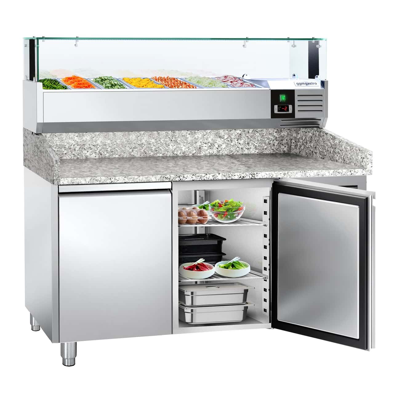 Pizzakühltisch PREMIUM - 1500x800mm - mit 2 Türen - inkl. Kühlaufsatzvitrine LED - 7x GN 1/4