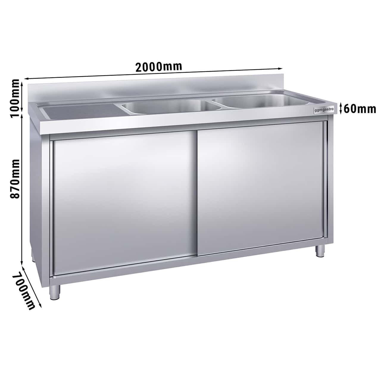 Spülschrank PREMIUM - 2000x700mm - mit 2 Becken rechts