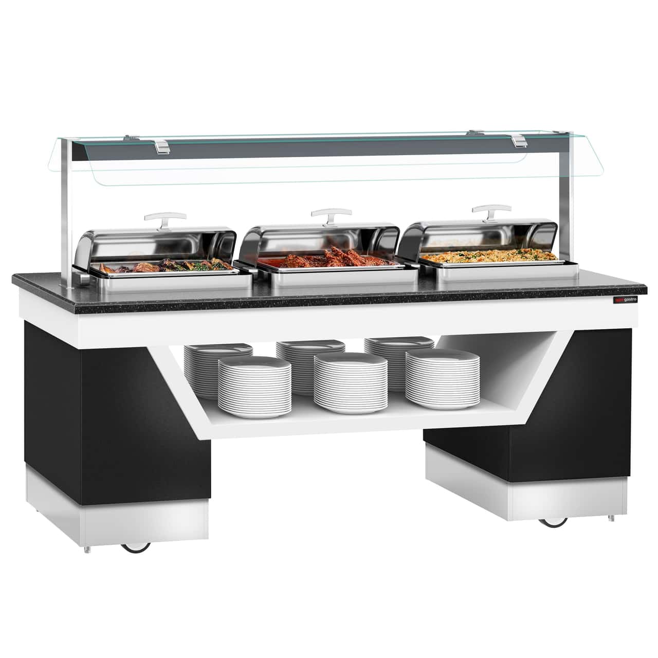 Buffettheke warm BELFAST - 2300mm - mit 3 Chafing Dishes & Rollen