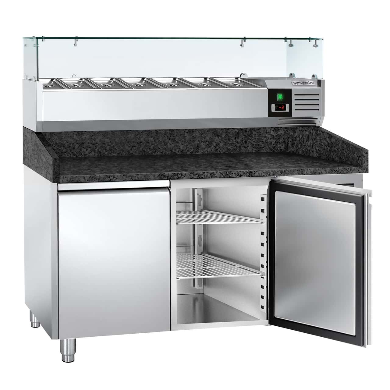 Pizzakühltisch PREMIUM - 1500x800mm - mit 2 Türen - inkl. Kühlaufsatzvitrine - 6x GN 1/3