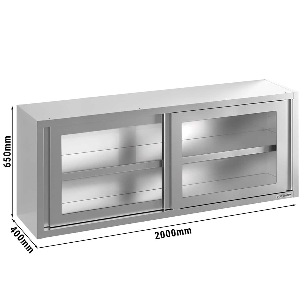 Stainless steel wall cabinet - 2000x400mm - with sliding glass door - 650mm high