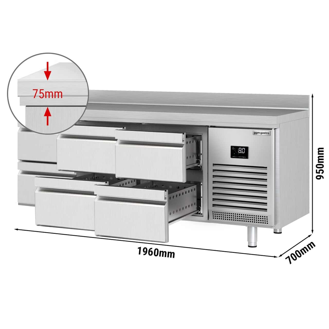 Kühltisch Premium PLUS - 1960x700mm - 6 Schubladen & Aufkantung