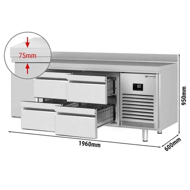 Kühltisch Premium PLUS - 1960x600mm - mit 1 Tür & 4 Schubladen & mit Aufkantung