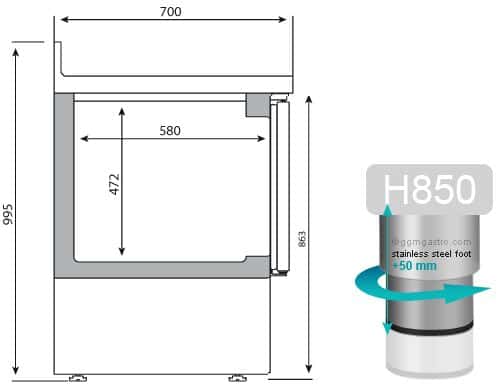 Kühltisch Premium PLUS - 978x700mm - mit 2 Glastüren & Aufkantung