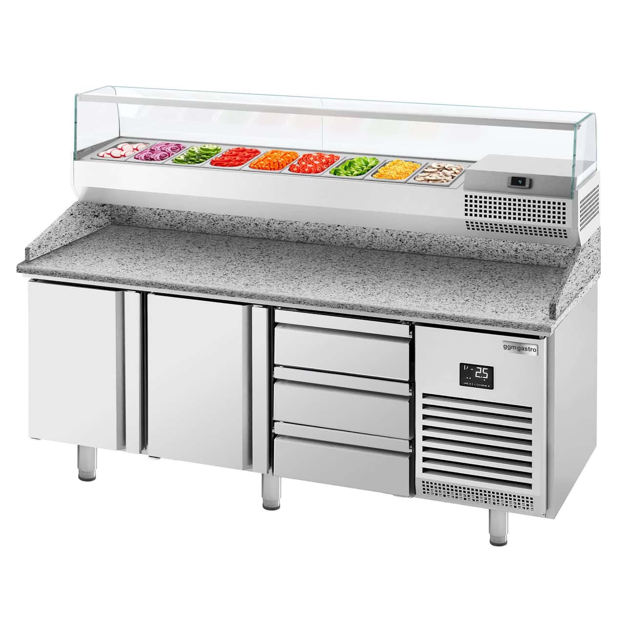 Pizza preparation table Premium PLUS - 1980x700mm - with 2 doors - incl. refrigerated display case - 9x GN 1/4