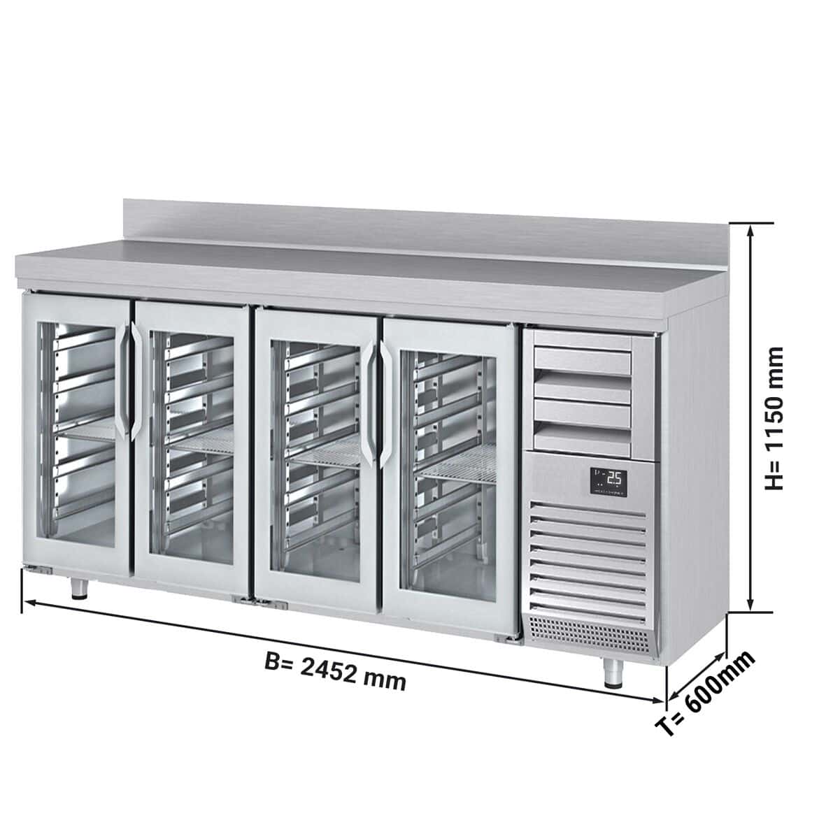 Bar- & Getränkekühltisch Premium PLUS - 2450x600mm - mit 4 Glastüren, 2 Schubladen & Aufkantung