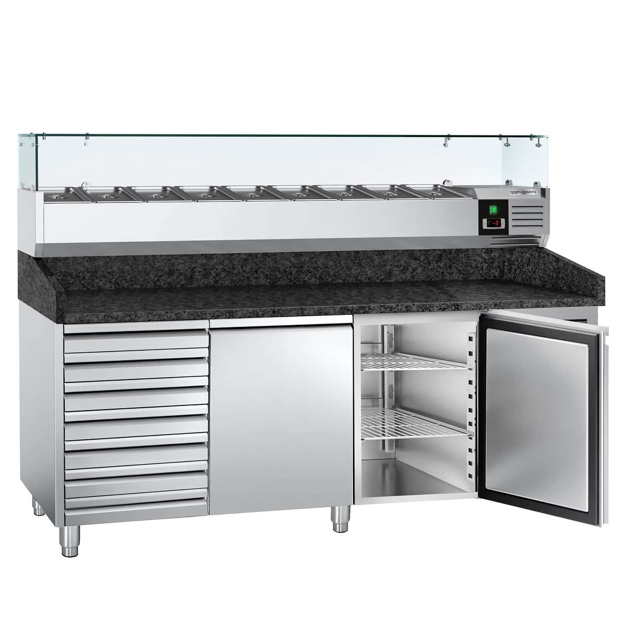 Pizzakühltisch PREMIUM - 2000x800mm - mit 2 Türen & 7 Schubladen - inkl. Kühlaufsatzvitrine - 9x GN 1/3