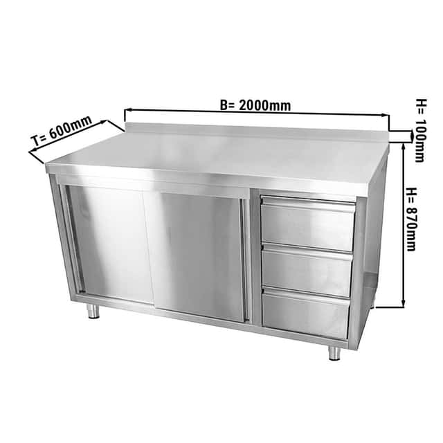 Edelstahl Arbeitsschrank ECO - 2000x600mm - mit 3 Schubladen rechts & Aufkantung