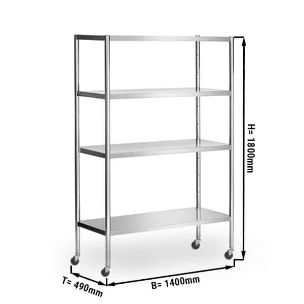 Edelstahlregal PREMIUM - 1400x490mm - mit 4 Ablagen (VERSTELLBAR) - inkl. 4 Räder