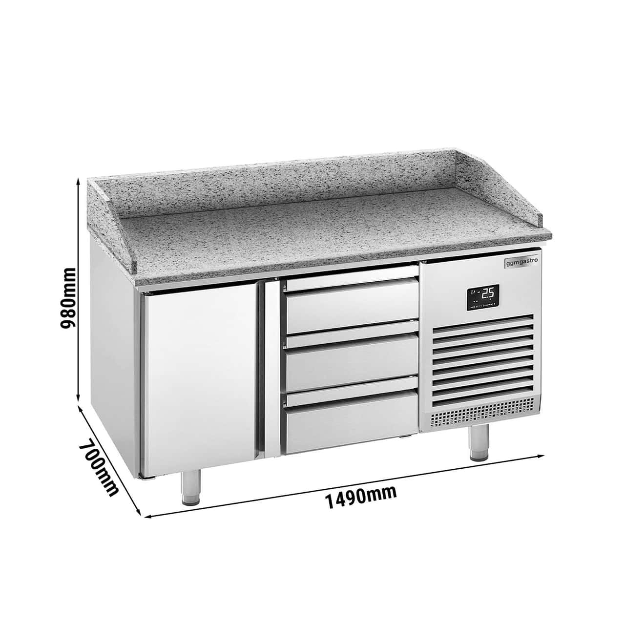 Pizza preparation table Premium PLUS- 1490x700mm- with 1 door & 3 drawers 