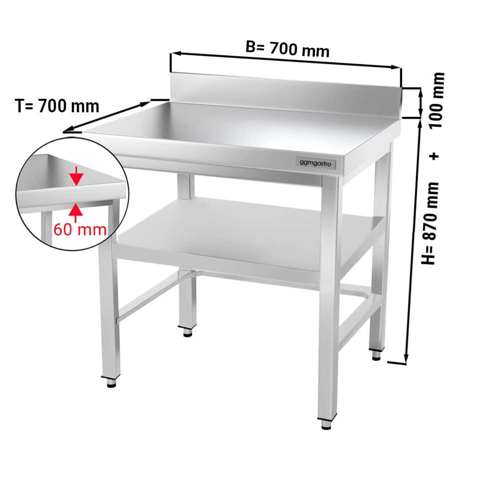 Edelstahl Arbeitstisch PREMIUM - 700x700mm - mit Grundboden, Aufkantung & Verstrebung