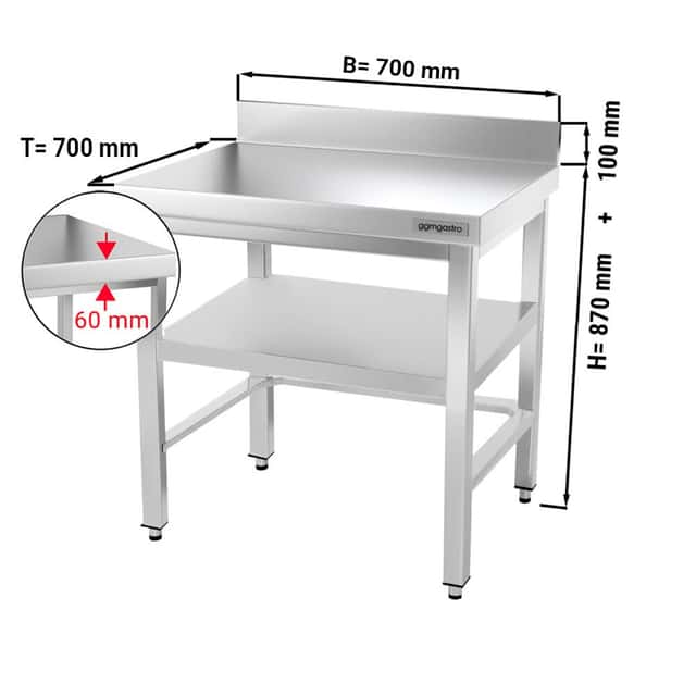 Edelstahl Arbeitstisch PREMIUM - 700x700mm - mit Grundboden, Aufkantung & Verstrebung