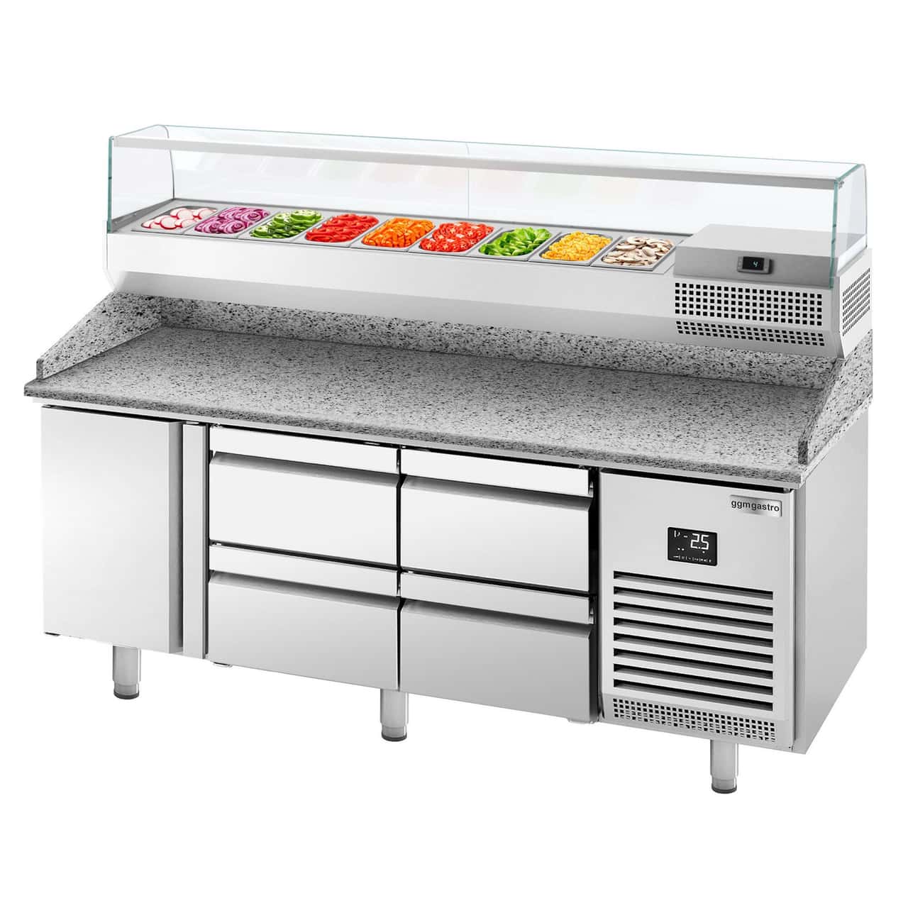 Pizza preparation table Premium PLUS - 1980x700mm - with 1 door & 4 drawers - incl. refrigerated display case - 9x GN 1/4