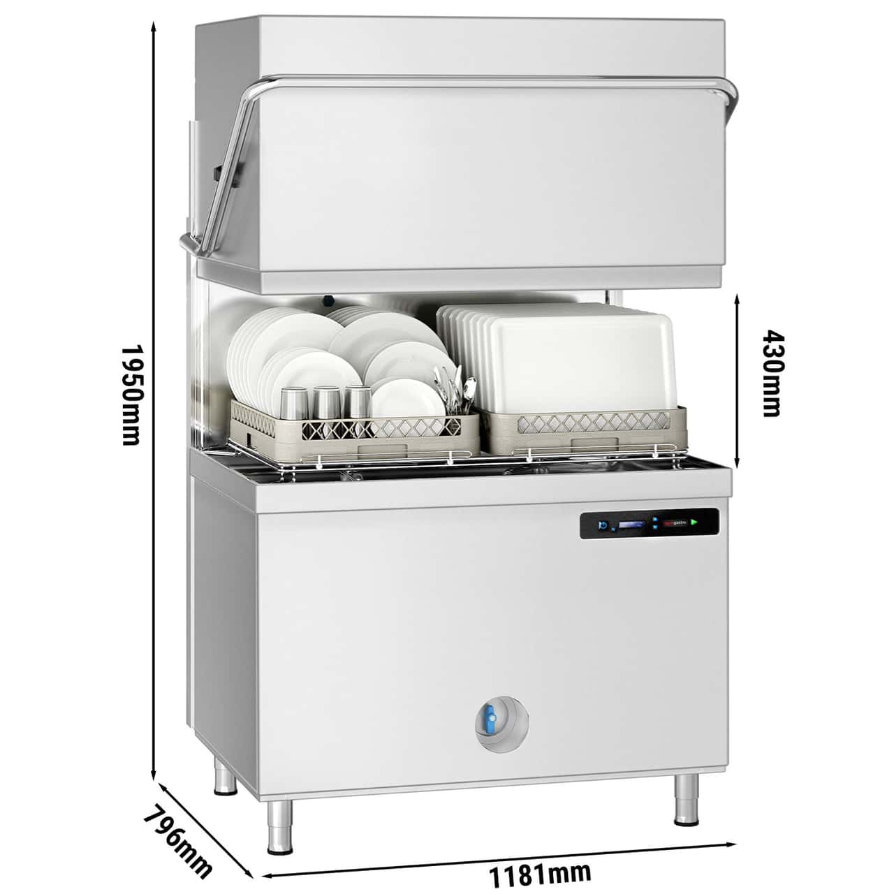 Doppelwandige Doppelkorb-Durchschubspülmaschine - Digital - 22,2 kW - inkl. Entkalker - mit Reiniger-, Klarspüler- & Laugenpumpe