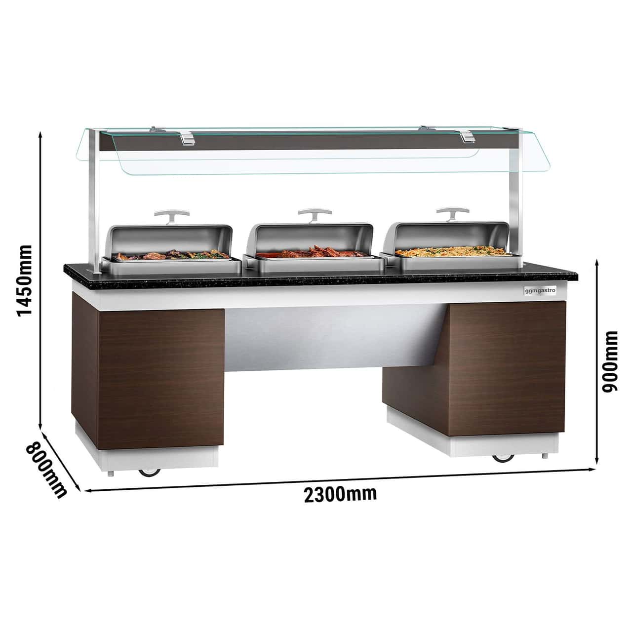 Buffettheke DUBLIN - 2300mm - mit 3 Chafing Dishes & Rollen