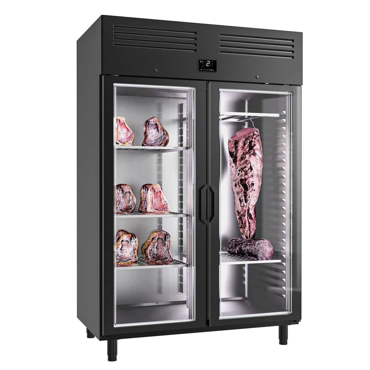 Dry Aging Fleischreifeschrank 1,3 m - mit 2 Glastüren - Schwarz