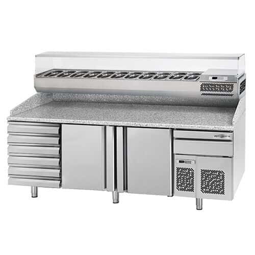 Pizza preparation table Premium PLUS- 2305x800mm - with 2 doors & 6 drawers- incl. refrigerated display case - 11x GN 1/4