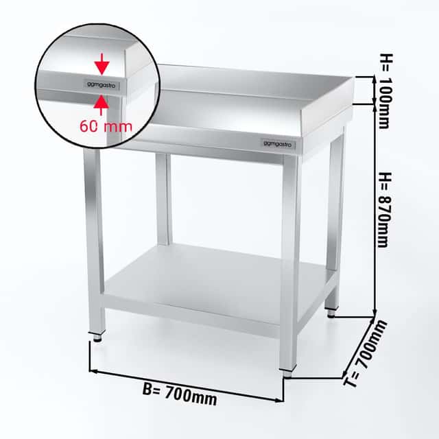 Edelstahl Arbeitstisch PREMIUM - 700x700mm - mit Grundboden & Aufkantung hinten + rechts