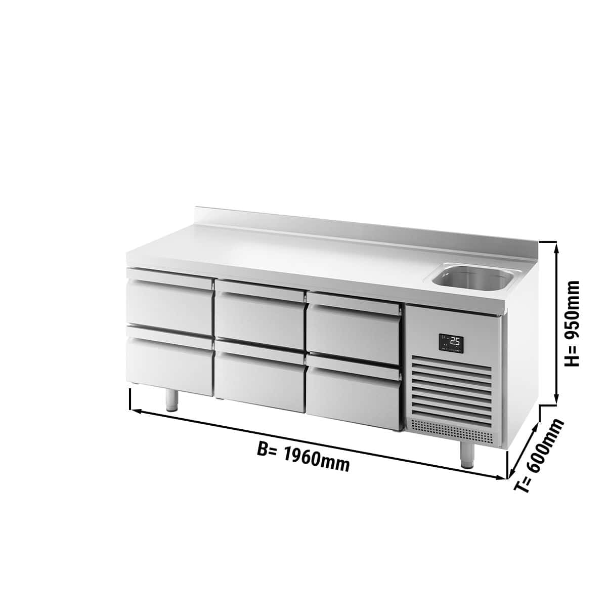 Refrigerated counter Premium PLUS - 1960x600mm - with 1 sink, 6 drawers & backsplash