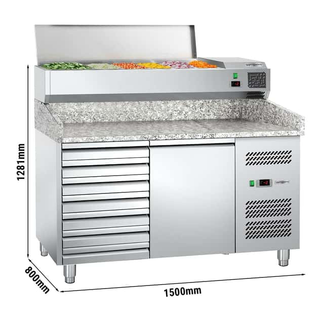 Pizzakühltisch ECO - 1500x800mm - mit 1 Tür & 7 Schubladen - inkl. Kühl-Aufsatzvitrine