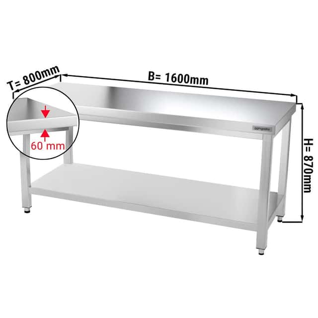 Edelstahl Arbeitstisch PREMIUM - 1600x800mm - mit Grundboden ohne Aufkantung