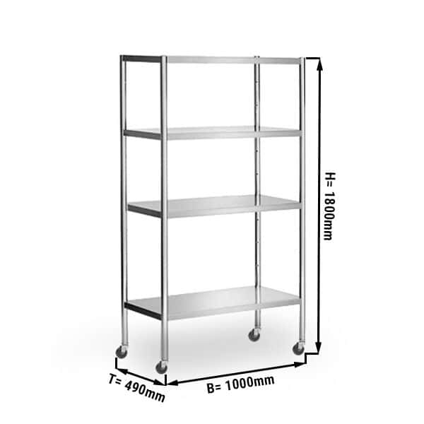 Edelstahlregal PREMIUM - 1000x490mm - mit 4 Ablagen (VERSTELLBAR) - inkl. 4 Räder