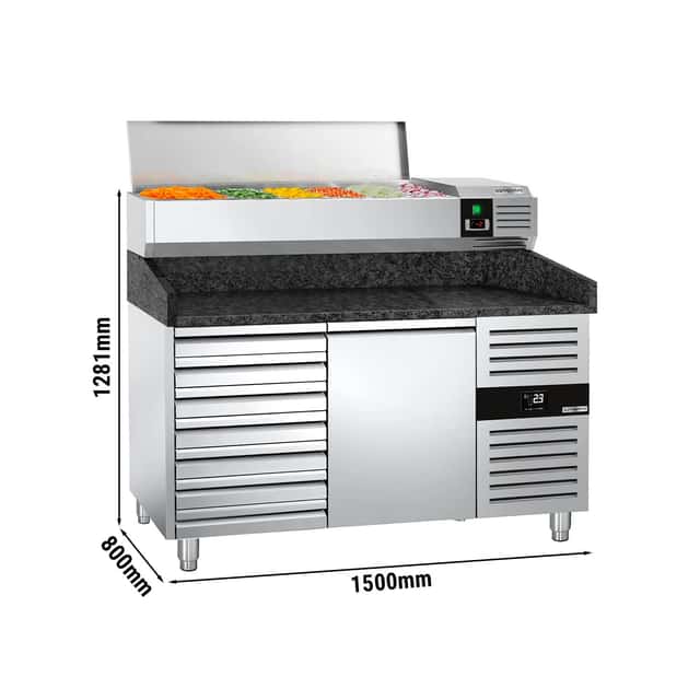 Pizzakühltisch PREMIUM - 1500x800mm - mit 1 Tür & 7 Schubladen - inkl. Kühlaufsatzvitrine - 7x GN 1/4