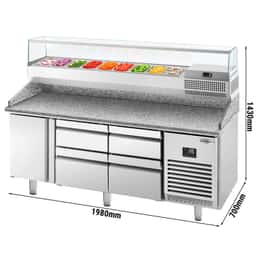 Pizza preparation table Premium PLUS - 1980x700mm - with 1 door & 4 drawers - incl. refrigerated display case - 9x GN 1/4