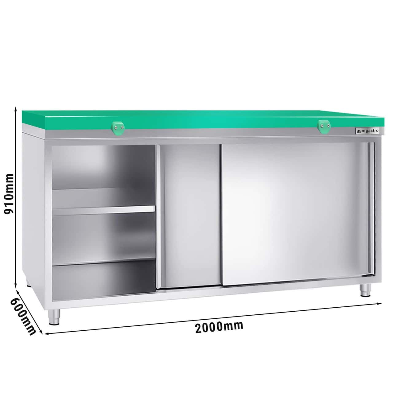 Stainless steel work cabinet PREMIUM - 2000x600mm - with sliding door without backsplash incl. cutting plate