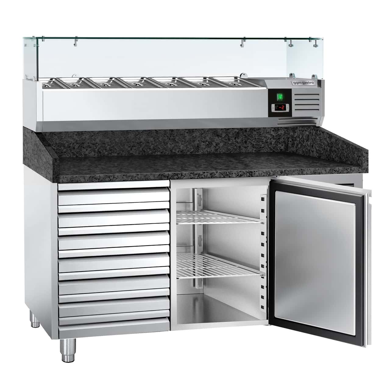 Pizzakühltisch PREMIUM - 1500x800mm - mit 1 Tür & 7 Schubladen - inkl. Kühlaufsatzvitrine - 7x GN 1/4