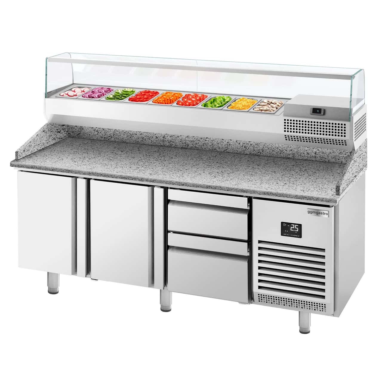 Pizza preparation table Premium PLUS - 1980x700mm - with 2 doors & 2 drawers - incl. refrigerated display case - 9x GN 1/4