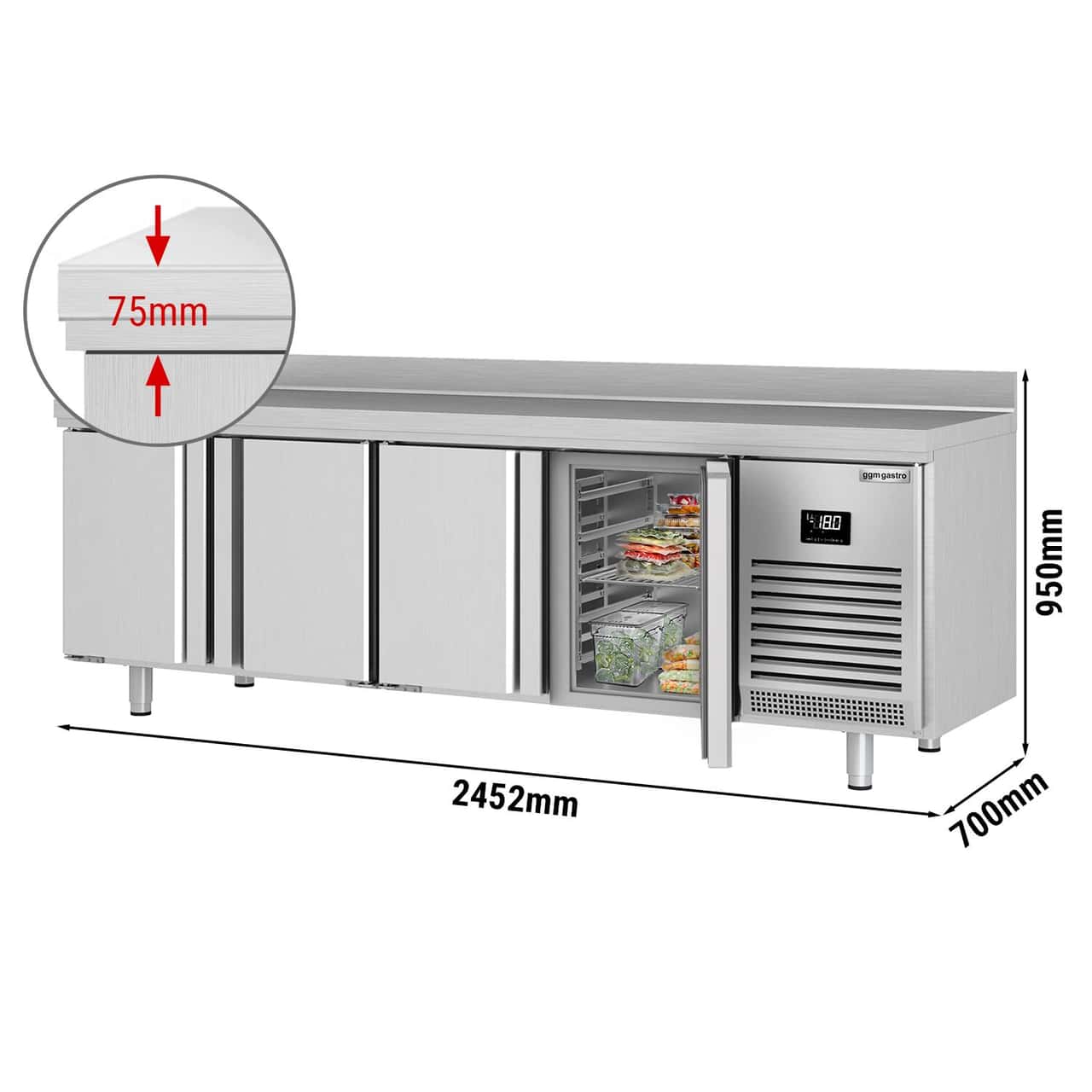 Tiefkühltisch Premium PLUS - 2452x700mm - mit 4 Türen & mit Aufkantung