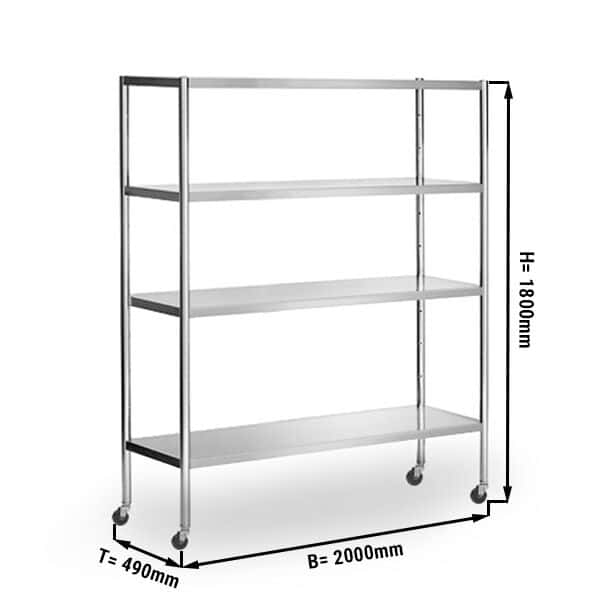 Edelstahlregal PREMIUM - 2000x490mm - mit 4 Ablagen (VERSTELLBAR) - inkl. 4 Räder