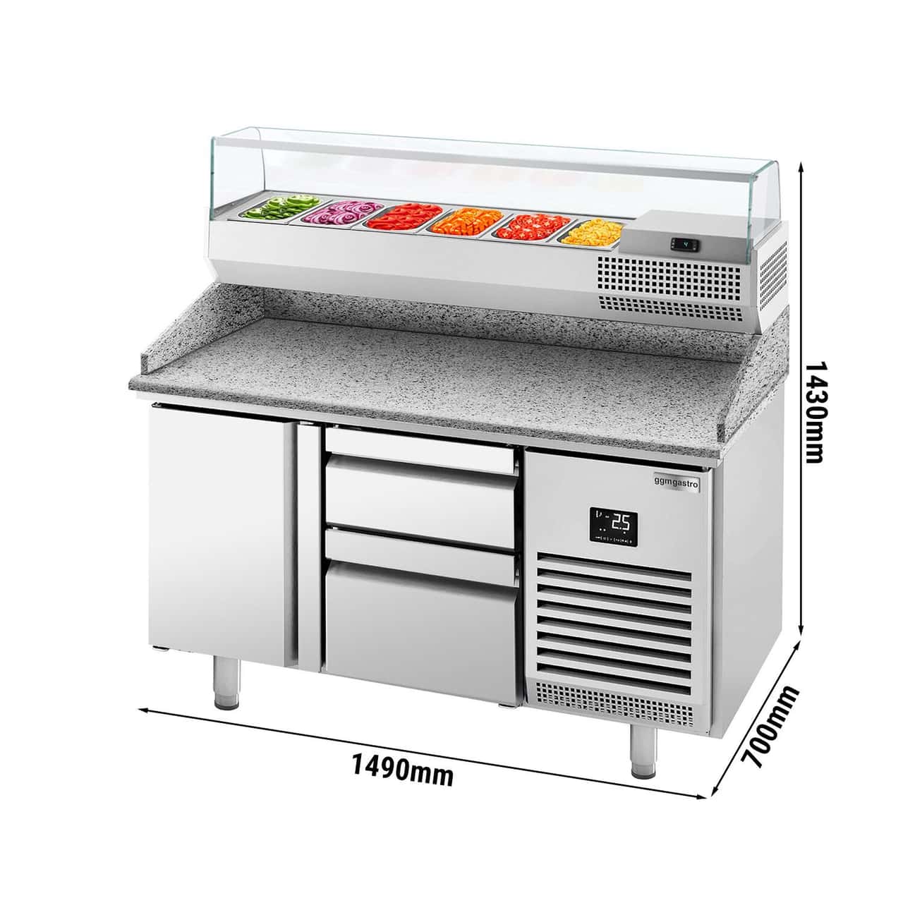 Pizza preparation table Premium PLUS - 1490x700mm - with 1 door & 2 drawers - incl. refrigerated display case - 6x GN 1/4