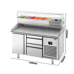 Pizza preparation table Premium PLUS - 1490x700mm - with 1 door & 2 drawers - incl. refrigerated display case - 6x GN 1/4